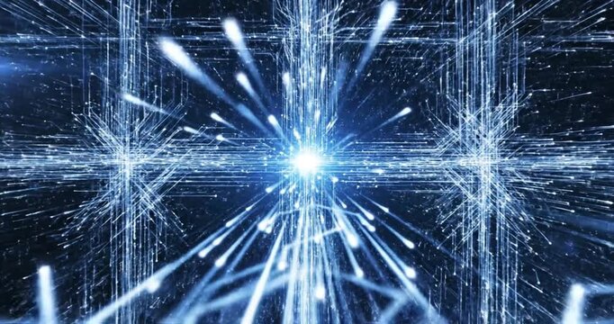 Abstract representation of light beams converging towards a central point in a digital space