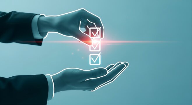 A pair of hands in suit sleeves stack three glowing digital checkmark icons vertically against a solid teal background with a red light flare.