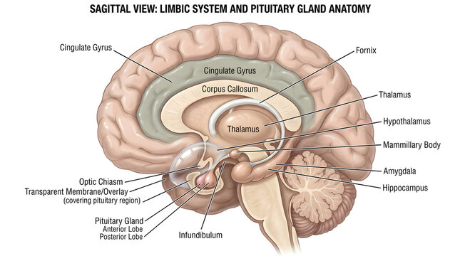 Sagittal view of limbic system and pituitary gland anatomy highlighting cingulate gyrus, corpus callosum, thalamus, hypothalamus, mammillary body, hippocampus, amygdala, optic chiasm and hypophyseal r