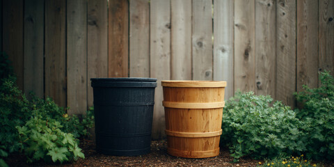 Naklejka premium Wooden and plastic garden pots outdoors