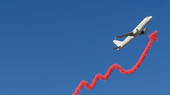 Airplane flying with red smoke trail in shape of rising graph arrow against blue sky. Concept of increasing fuel price and cost for air travel. Financial trend in aviation industry.