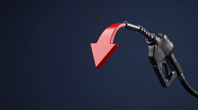 Fuel pump nozzle with red arrow pointing downward. Concept of dropping gas price, declining energy cost or reduction in petroleum consumption. Economic crisis and market fluctuation trend.