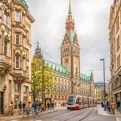 Obraz premium Historical City Hall Building in Hamburg Germany with Modern Tram.