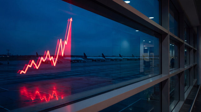 Bright red growth chart reflecting on airport window glass. Rising fuel price concept for aviation industry and travel economy. Global crisis and business logistic impact analysis.