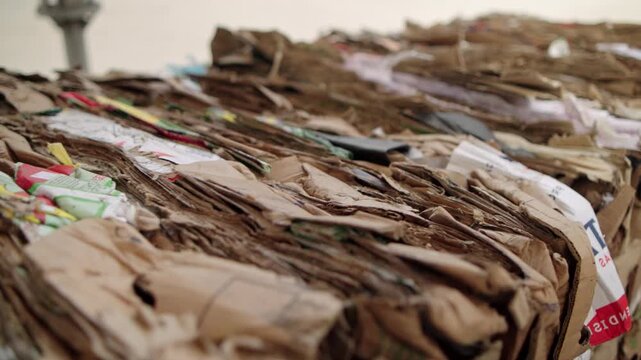 Industrial processing of waste paper and cardboard. Close-up of pressed cardboard.