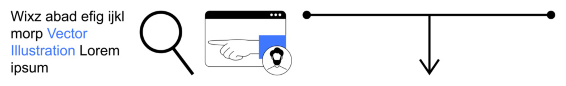 Web navigation, data search, location tracking, user interface, online tools, digital workflow. Magnifying glass, web page pointer and timeline graphics. Data search and location tracking visuals
