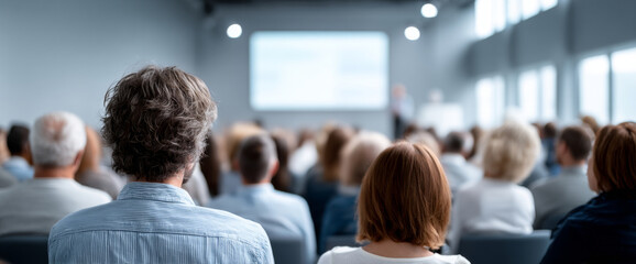 Fototapeta premium Audience attending a professional seminar or conference in a modern bright room with a speaker presenting in front of a large screen