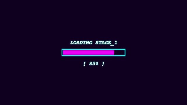 Retro Game Loading Screen Animation with Neon Pink Progress Bar and Percentage Counter Transitioning to Press Start
