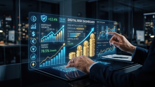 Executive analyzing digital risk dashboard with interactive holographic charts for strategic financial growth.