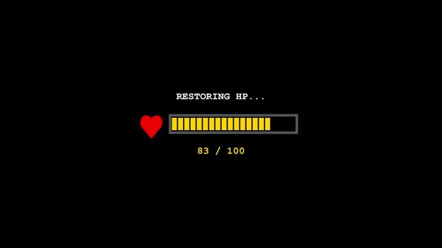 Retro Gaming HP Restoration Progress Bar Animation with Heart Icon and Counter Loading from Zero to Full on Black Background