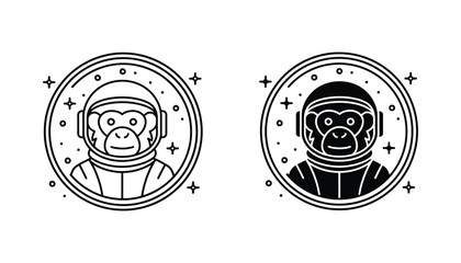 Astronaut monkey in a space helmet circular badge outline and solid fill vector illustration isolated on white background representing exploration and curiosity © Sarah