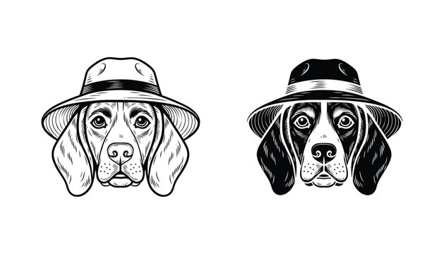 Dapper beagle dog head wearing fedora hat as stylish animal mascot vector illustration for pet grooming or vintage brand logo in detailed line and solid style