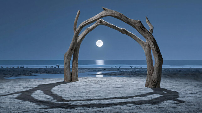 Driftwood arch frames the full moon over a serene moonlit ocean beach at night