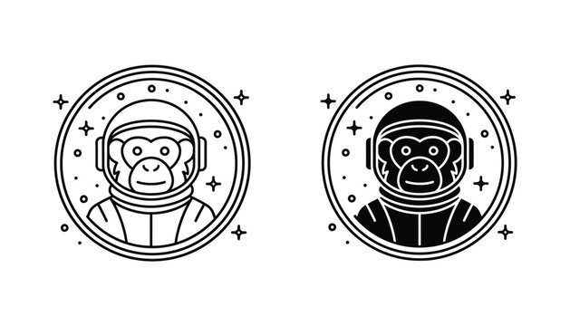 Astronaut monkey in a space helmet circular badge outline and solid fill vector illustration isolated on white background representing exploration and curiosity