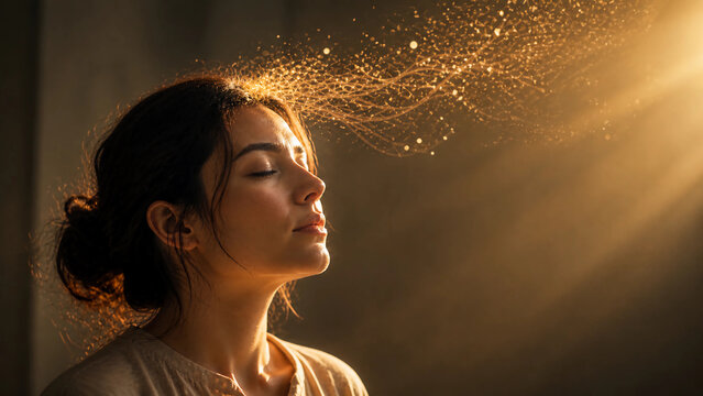 Woman with glowing particles from head in warm light, clarity and creativity concept