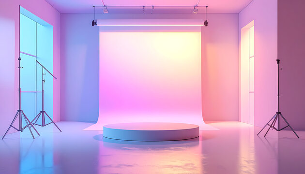 Empty photography studio with soft pastel lighting, a white backdrop and a central podium, ideal for product showcases or virtual backgrounds