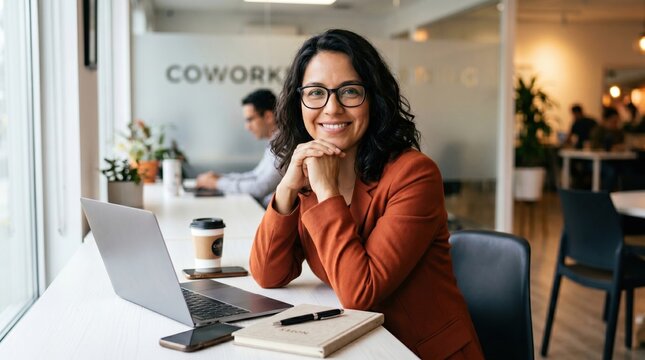 Professional woman smiling in coworking space with laptop and notebook, warm confident expression and business casual attire