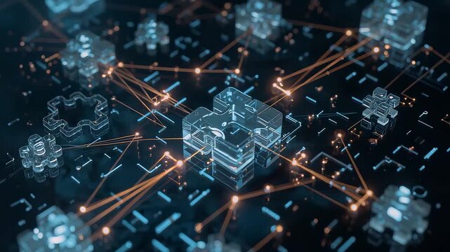 Digital network grid with glowing data cubes, connected nodes, circuit pathways and advanced cloud computing infrastructure