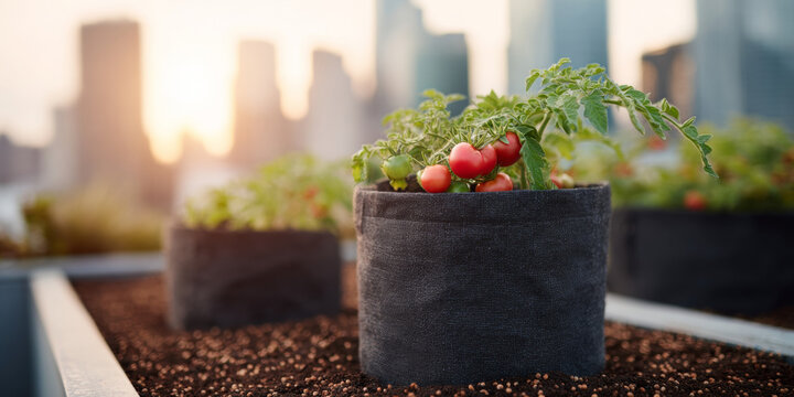 Urban rooftop garden growing ripe tomatoes