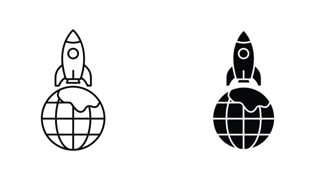 Rocket spaceship launching from Earth globe line and solid vector icon for global space travel science and startup business growth