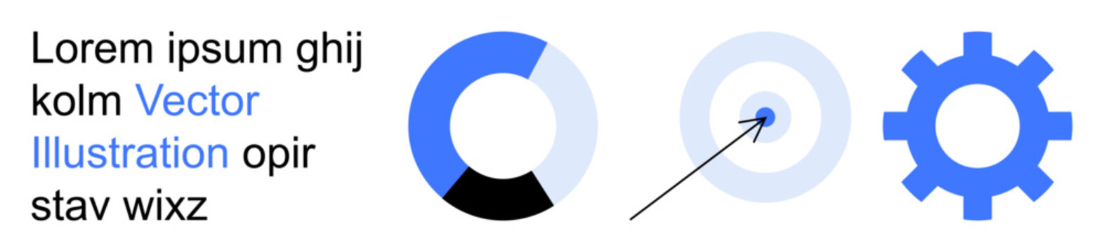 Data analysis, business strategy, targets, efficiency, technology, process management. Circular chart, target design and gear symbol in blue and black. Data analysis and business strategy concept