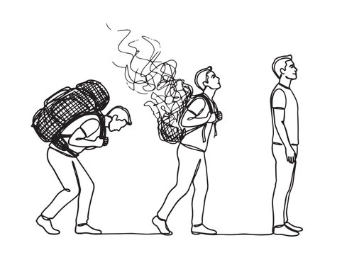 The emotional journey from carrying life's overwhelming weight to finding lightness and personal freedom, symbolizing stress relief and mental well-being