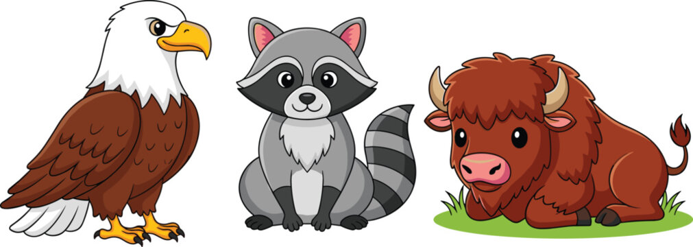 Set of Cute Cartoon Animals Featuring Bald Eagle Raccoon and Baby Bison Isolated on White
