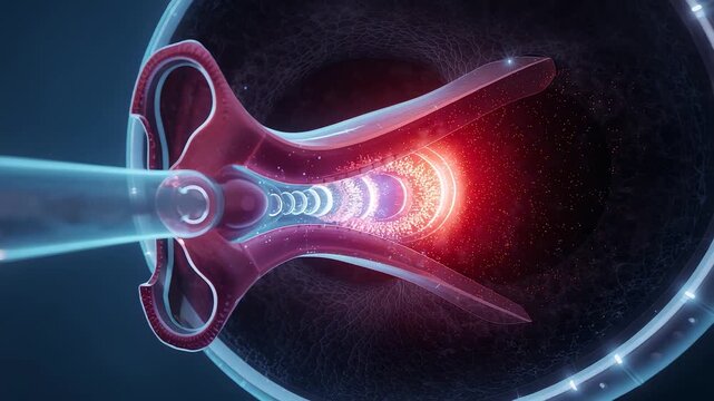 Laser eye surgery view showing beam entering pupil, glowing retina, optic nerve pathway and detailed ophthalmology treatment anatomy