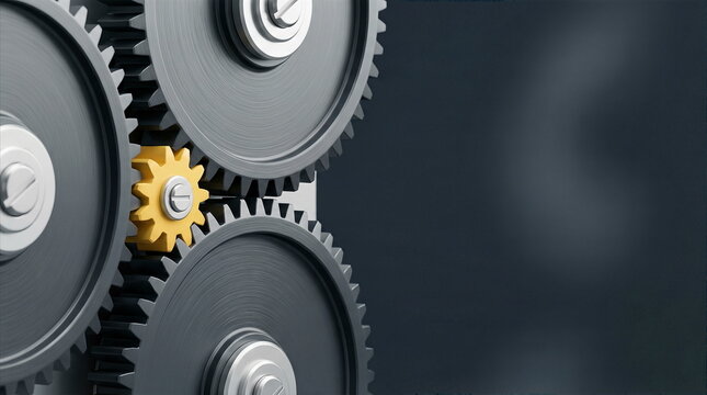 Gears interlocking mechanical cogs with distinct yellow piece on dark background, illustrating teamwork, innovation, and technological systems.
