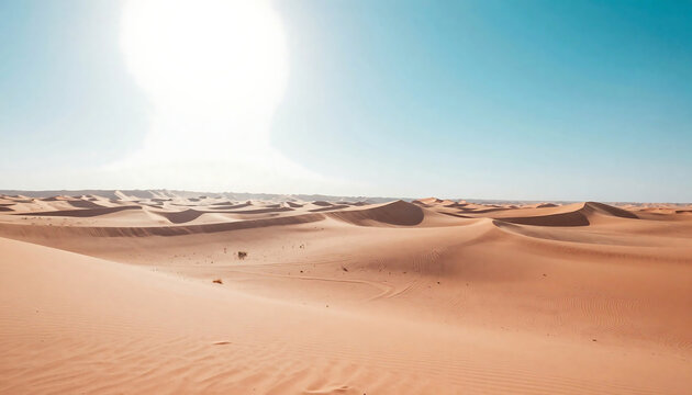 Vast desert landscape with rolling dunes under a bright sky