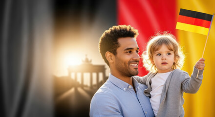Joyful father holding his child with a German flag, celebrating Father's Day in Germany, against a vibrant backdrop with iconic Germany symbols and copy space.
