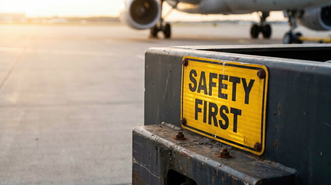 Safety sign displaying "Safety First" warning on ground equipment, airport tarmac with airplane, aviation industry operational procedures.