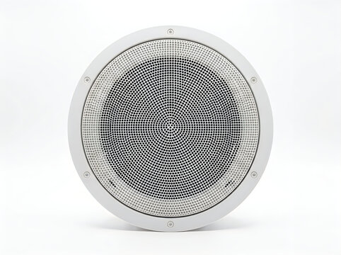 Silver circular speaker with mesh grille on white background, front view