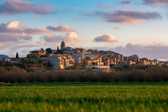 Hilltop village of Arnes at sunset, Terra Alta, Tarragona, Catalonia, Spain
