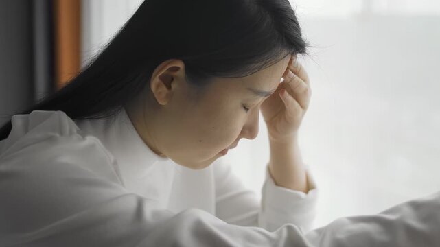 Tired girl migraine headache, cephalalgia ache pain with stress, anxiety, brain fog, depression in domestic abuse, feeling vertigo, anxious disoriented stay alone, losing consciousness, health problem