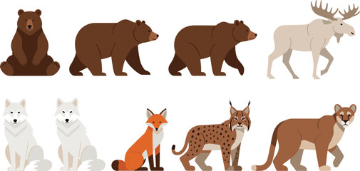Fototapeta premium Set of Flat Vector Forest Animals Featuring Grizzly Bear Moose Arctic Fox and Lynx Isolated on White Background