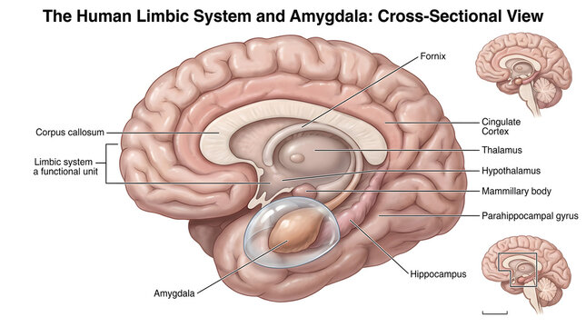 The human limbic system and amygdala cross‑sectional view showing cingulate cortex, corpus callosum, hippocampus, parahippocampal gyrus, thalamus, hypothalamus and enlarged amygdala region to emphasiz