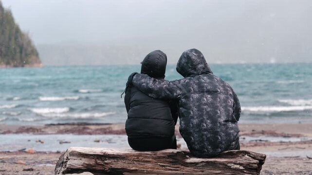 A pair sits on a log by a windy lakeshore, one comforting the other in cold weather. Captures a moment of companionship. Suitable for emotional or travel content.