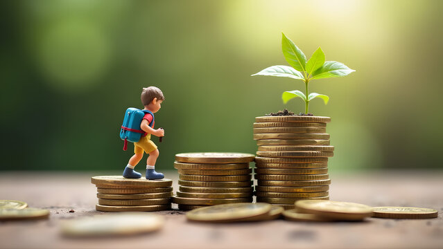 Tiny climber ascending a stack of coins like a metallic mountain