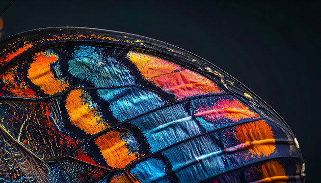 Extreme close-up of a vibrant butterfly wing showing intricate patterns and iridescent colors with sparkling details, macro photography