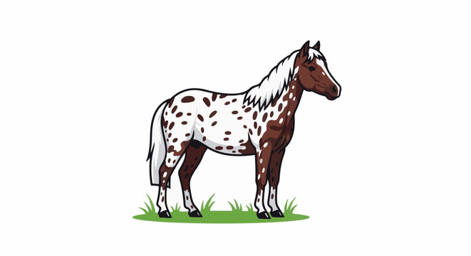 Spotted horse standing on green grass, brown and white coat, white mane