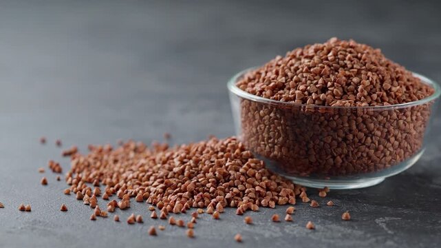Organic buckwheat in a glass plate and scattered on a dark table. buckwheat in a clear glass bowl on a dark stone table.