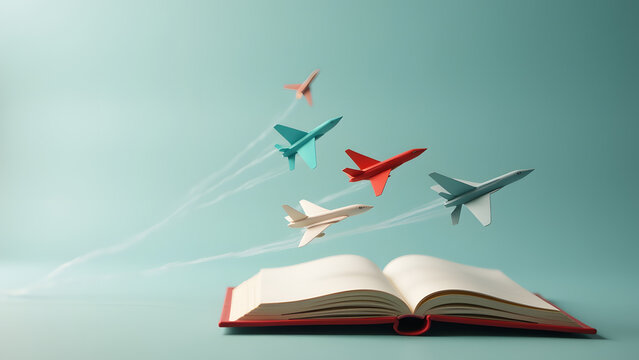 Tiny airport on a book with paper airplanes as real jets
