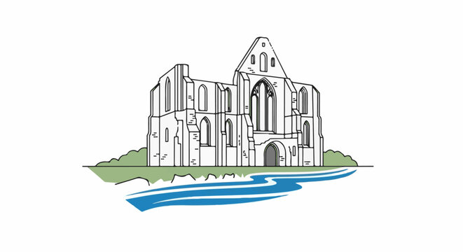 Line art depiction of a stone abbey ruin beside a flowing blue river and green hills
