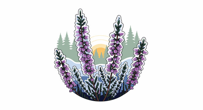 Pink heather flowers bloom against a snowy, forest backdrop with a sunset