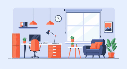 Fototapeta premium Modern home office with desk, chair, armchair, plants, and window
