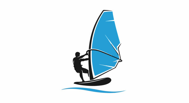 Silhouette of a windsurfer with a bright blue sail on blue water waves