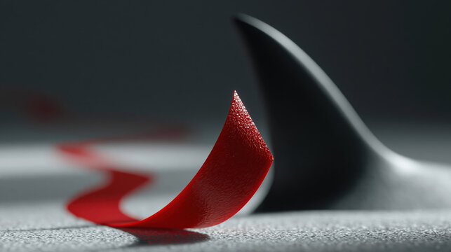 Shark fin wrapped in red ribbon showing bureaucratic constriction and corporate satire