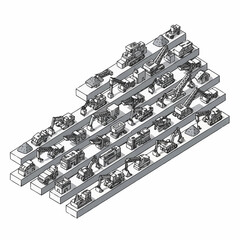 Obraz premium Collection of various construction vehicles and heavy machinery displayed on tiered platforms, presented in a stylized isometric illustration.