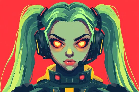 Digital art of a teal-haired woman with glowing eyes and a headset against a red backdrop